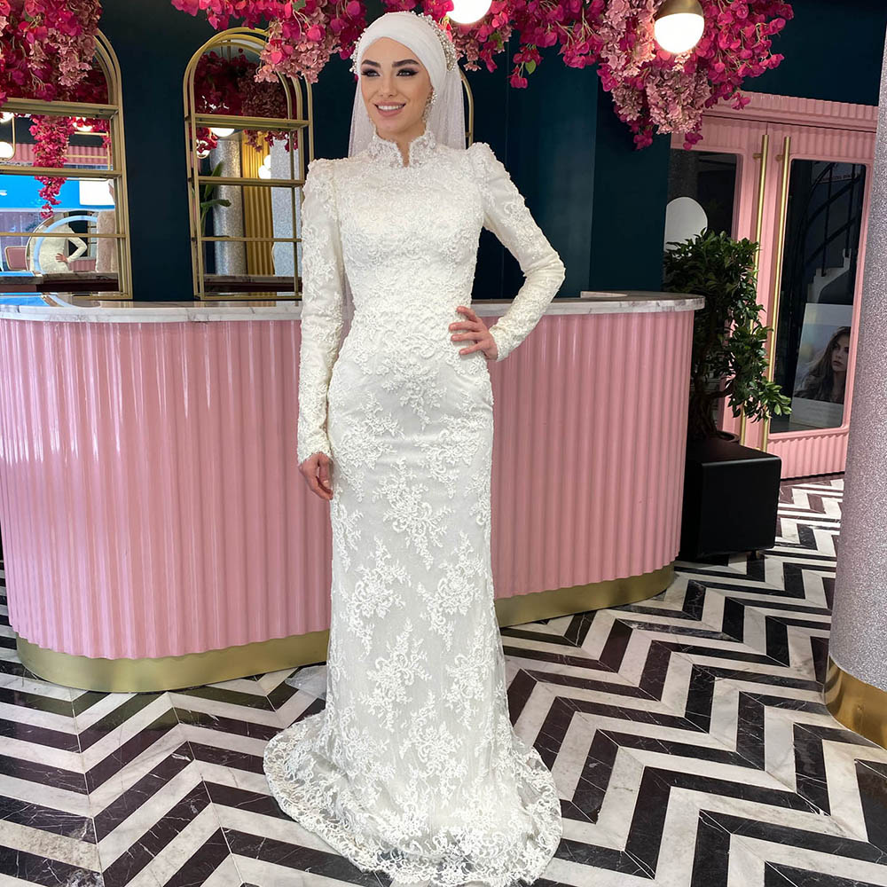 Turkish Islamic Muslim Wedding Dress 2 in 1 2022 Full Lace Mermaid Wedding Dresses With Detachable Train Long Sleeve Dubai Arabic Country Church Bride
