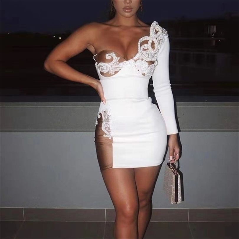 Missord Women Sexy Bra Off Shoulder One Sleeve Dress Mesh Patchwork Mini Dress FT19844 T200604