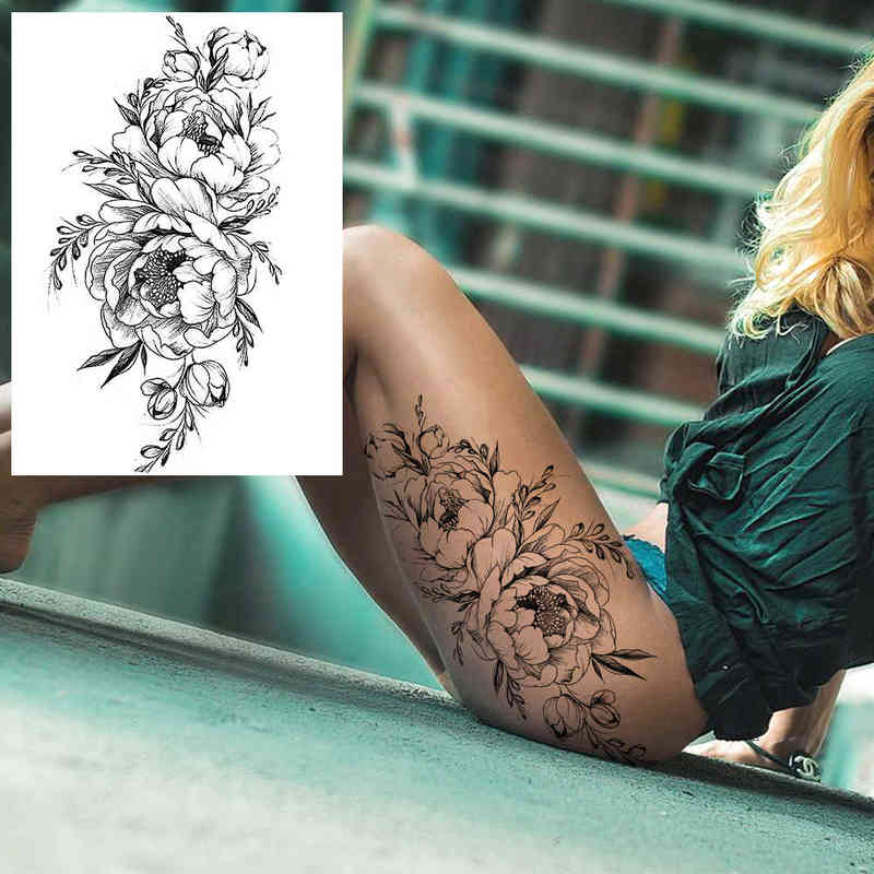 NXY Temporary Tattoo Yuran Black Tulip Totem Tattoos Stickers Women Body Waist Arm Art Bracelet Girls Butterfly Tatoos Rose Chains 0330
