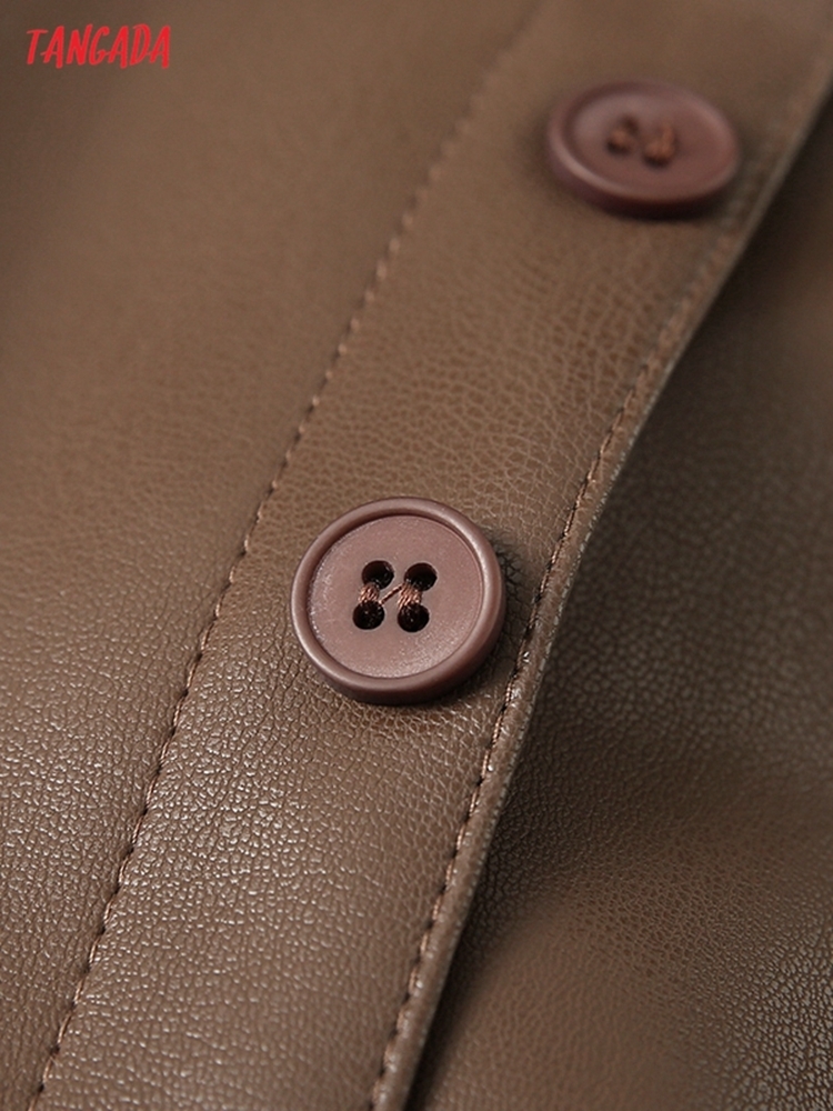 Tangada Women Brown Faux Leather Midi Skirt Vintage Back Zipper Ladies Chic Mid Calf Skirts YU184 220322