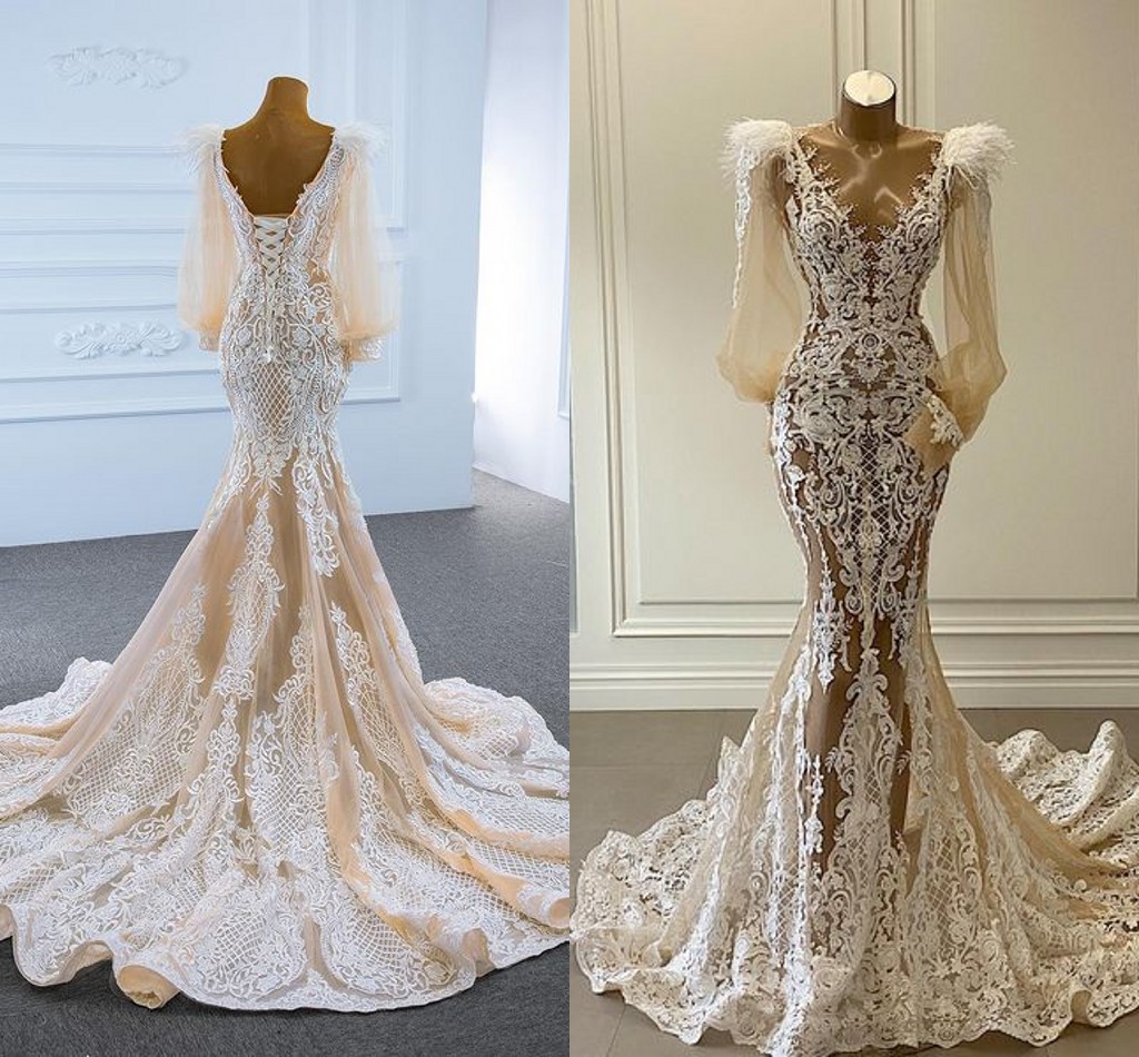 Champagne Mermaid Long Sleeve Wedding Dresses 2022 Real Work Feather Applique Lace-up Corset Sweep Train Bridal Gown Vestido