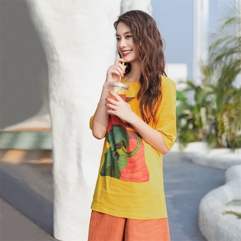 INMAN Summer New Arrival Cotton Literary Fruit Print Loose Casual Fashion Half Sleeve Tshirt T200614