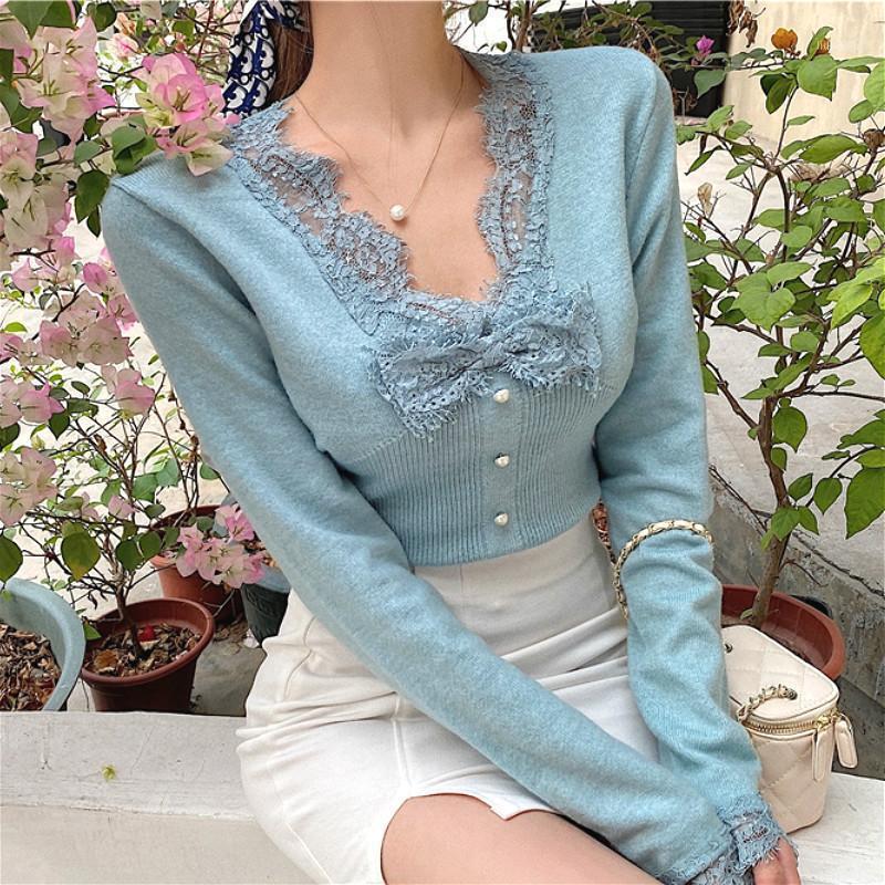 Women' Blouses & Shirts Vintage Knitted Ladies Casual V-Neck Lace Slim Blouse And Tops Women 2022 Spring Korean Style Sexy Shirt Female Ele, Blue
Women' Blouses & Shirts Vintage Knitted Ladies Casual V-Neck Lace Slim Blouse And Tops Women 2022 Spring Korean Style Sexy Shirt Female Ele, Blue