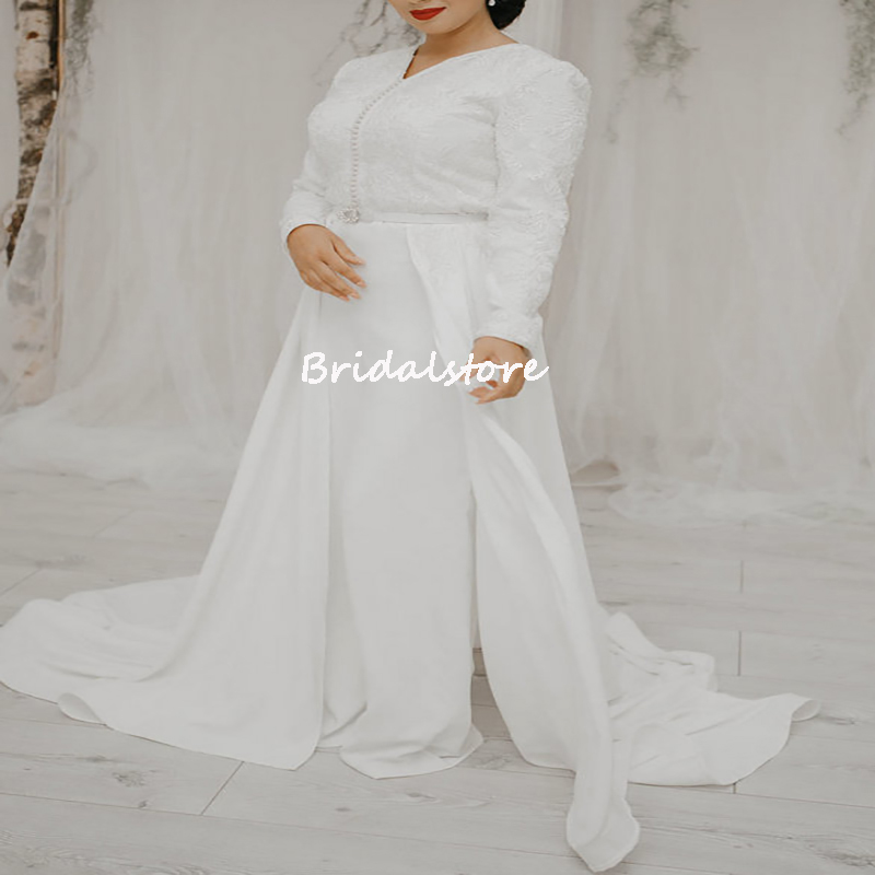 White Caftan Algerian Wedding Dress 2022 Plus Size Long Sleeve Jumpsuit Boho Bridal Dresses With Pantsuit Beadd Lace Muslim Bride Party Gowns Sexy Rob