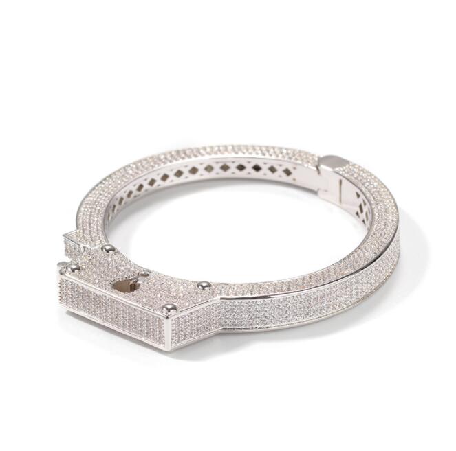 Hip Hop AAA Cubic Zirconia Paved Bling Ice Out Open Link Cuff Bangle Men Women Gold Color Lover Handcuff Bracelets Rapper Jewelry3