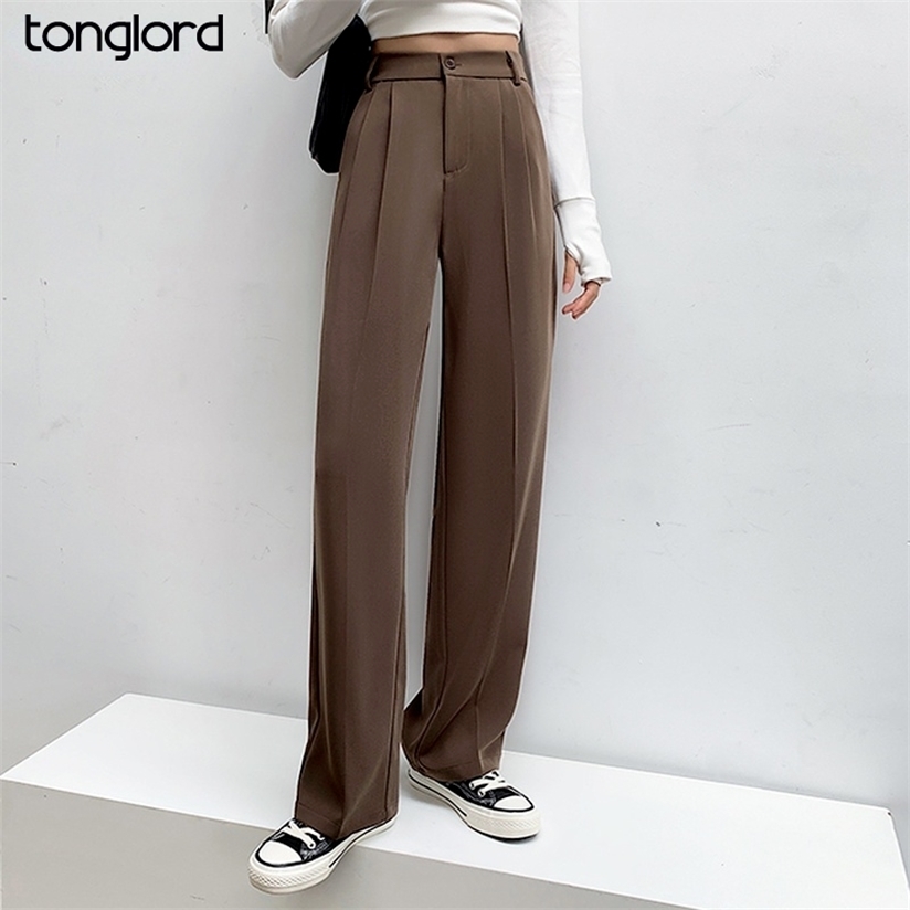 Autumn High Waist Straight Suits Pant Solid Office Ladies Wide Leg Female Loose Add Long Trousers Woman Pantalones 220325