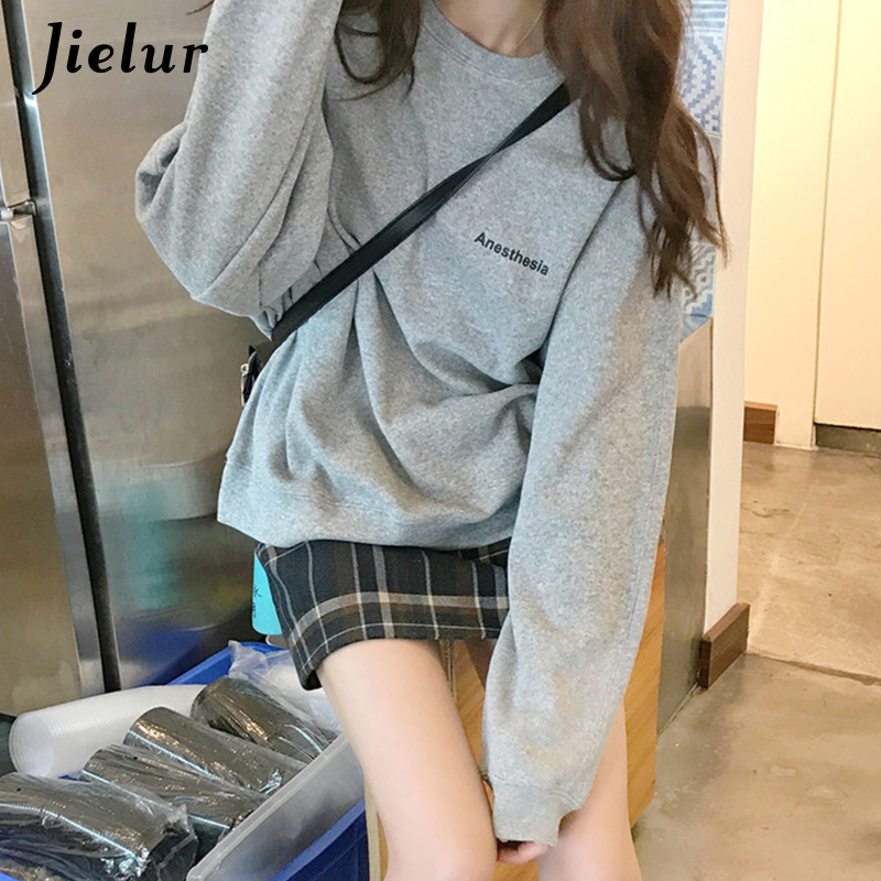 Jielur Kpop Letter Hoody Fashion Korean Thin Chic Women's Sweatshirts Cool Navy Blue Gray Hoodies for Women M-XXL 220817