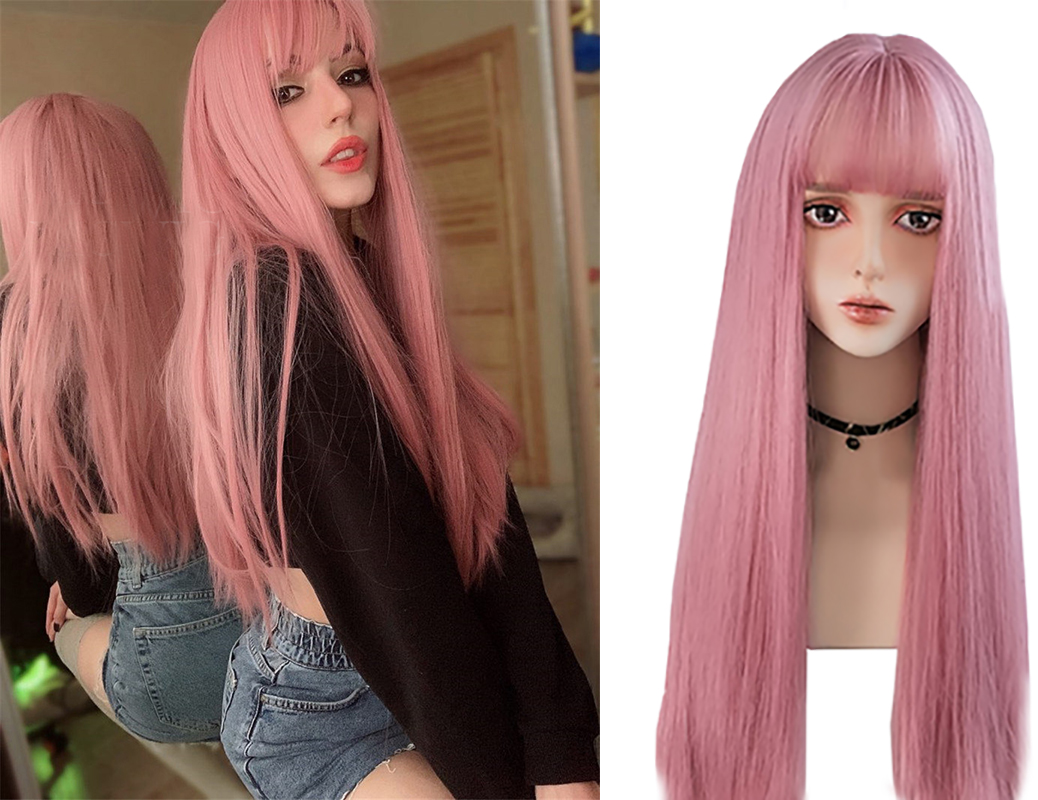 Beautiful Long Straigh with Bangs Wig Hight Temperature Women's Daily Life Cosplay wigs(Pink blue and black )