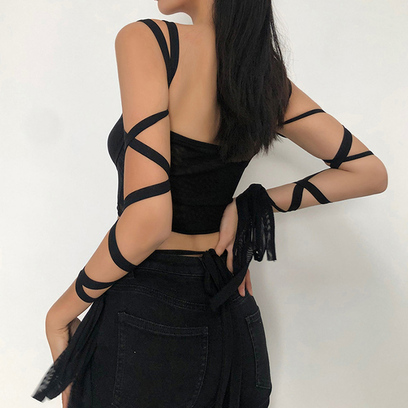 Fashion Gothic Women Black Mesh Lace Up Bandage Crop Top Y2K Sexy Clothing Fairy Grunge Aesthetic High Street Party Club Outwear 220316