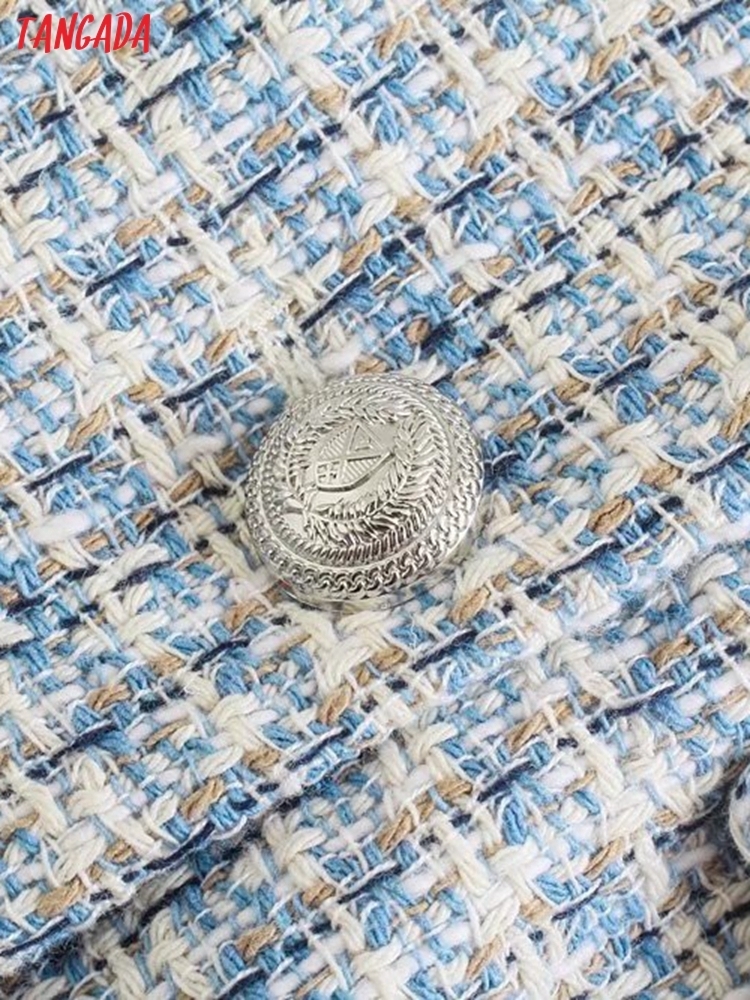 Tangada Women Winter Office Lady Blue Tweed Thick Blazer Coat Vintage Double Breasted Female Outerwear BE579 220402