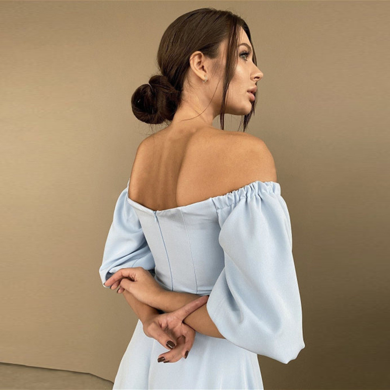 Churses Sexy Slash Neck Backless Midi Dress Autumn Elegant Puff Half Sleeve A-Line Long Party Dresses For Women 220509