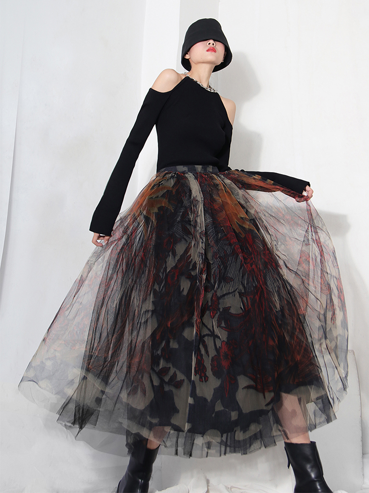 LANMREM High Waist All-match Irregular Skirt For Women Dream Printing Lace Mesh Long Spring Summer Streetwear 2D1323 220322