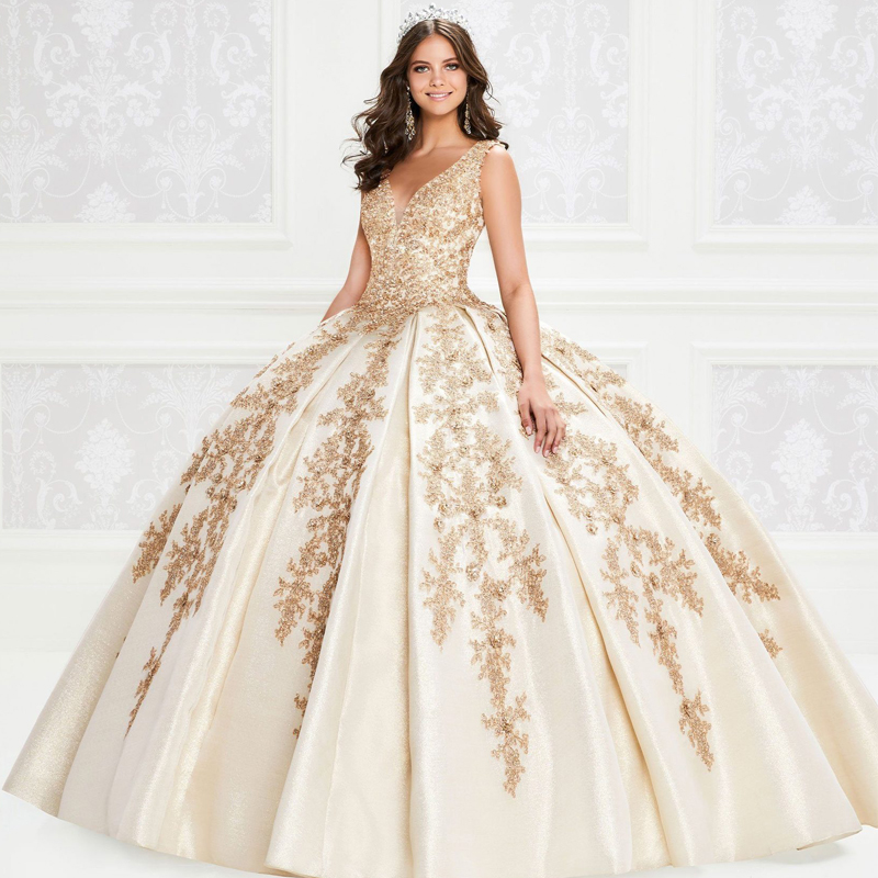 Satin Beade Quinceanera Dresses Lace Appliques Pleat Sweet 15 Gowns V Neck Beading Back Teen Girls Pageant Dress