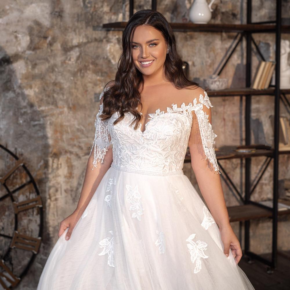 Plus Size Tassel Cap Sleeves Wedding Dresses Sheer Neck princess beach Bridal Gown Lace Appliques A Line Vestido De Novia