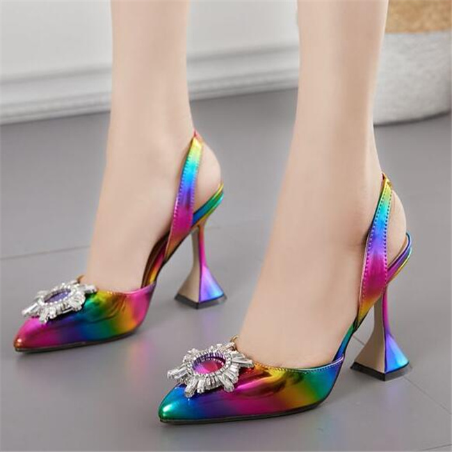 Top Quality Womens Sandals Design Crystal Diamond Sun-Flower Women Pointed Toe Pumps Fashion Rainbow Multicolor Strange Cup High Heels