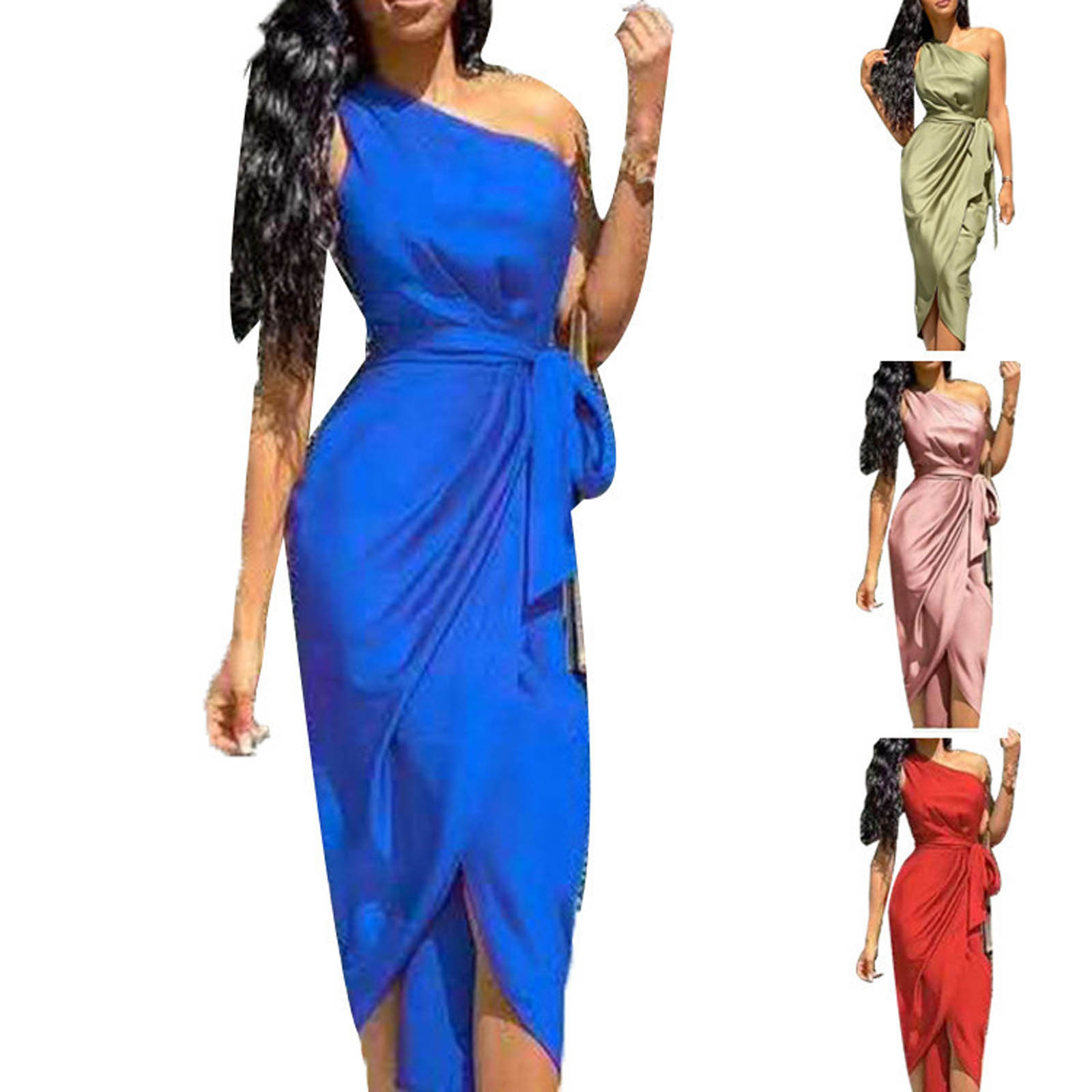 New 2022 European and American slanted shoulder dress women' irregular strap dress with belt
New 2022 European and American slanted shoulder dress women' irregular strap dress with belt