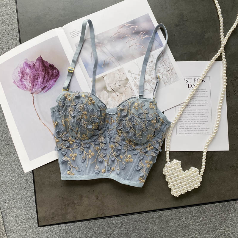 French Romance Floral Embroidery Bustier Corset Top Women Summer Ultrathin Push up Bra Adjustable Strap Cami Tank 220325