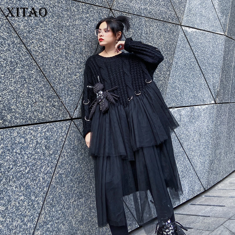 XITAO Streetwear Women Clothes Spring Dresses Splice Mesh Cartoon Puppet Women Dress Plus Size women Clothes XJ3135 210303