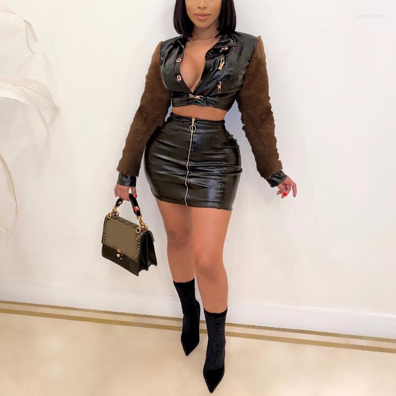 Autumn Winter Two Pieces Sets PU Leather Outwears & Short Skirt Long Plush Sleeve Sexy For Evening Party Matching Women' Tracksuits, Black sets
Autumn Winter Two Pieces Sets PU Leather Outwears & Short Skirt Long Plush Sleeve Sexy For Evening Party Matching Women' Tracksuits, Black sets