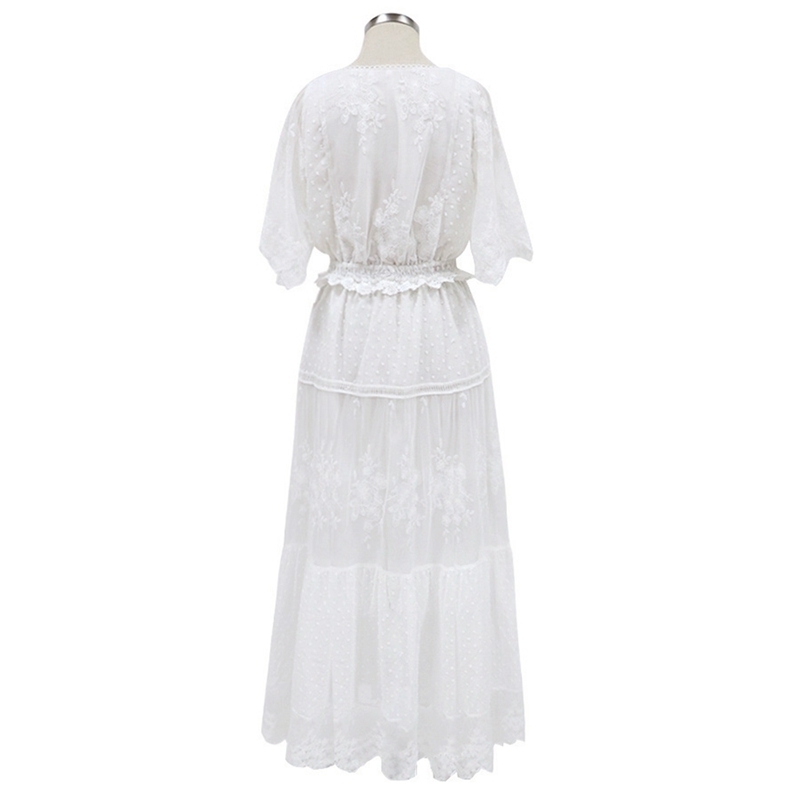 Hollow Out White Dress Sexy Women Long Lace Dress Cross SemiSheer Plunge VNeck Short Sleeve Lace Maxi Dress 220527