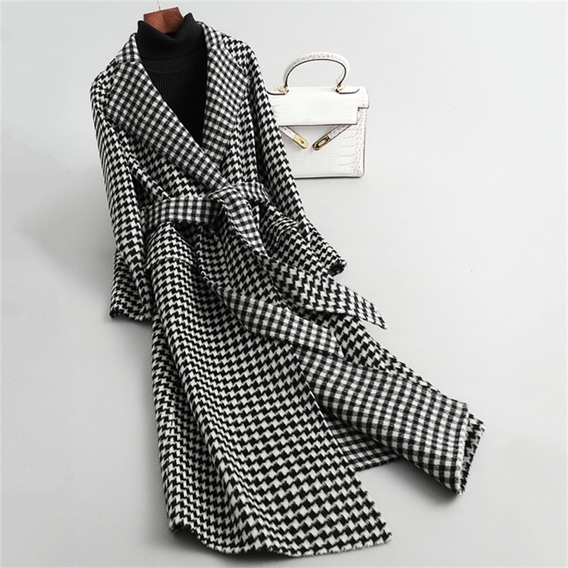 Autumn Winter Women Warm Wool Coat Fashion Plaid Belted Blends Outwear Female Korean Streetwear Thick Long Coats 201215