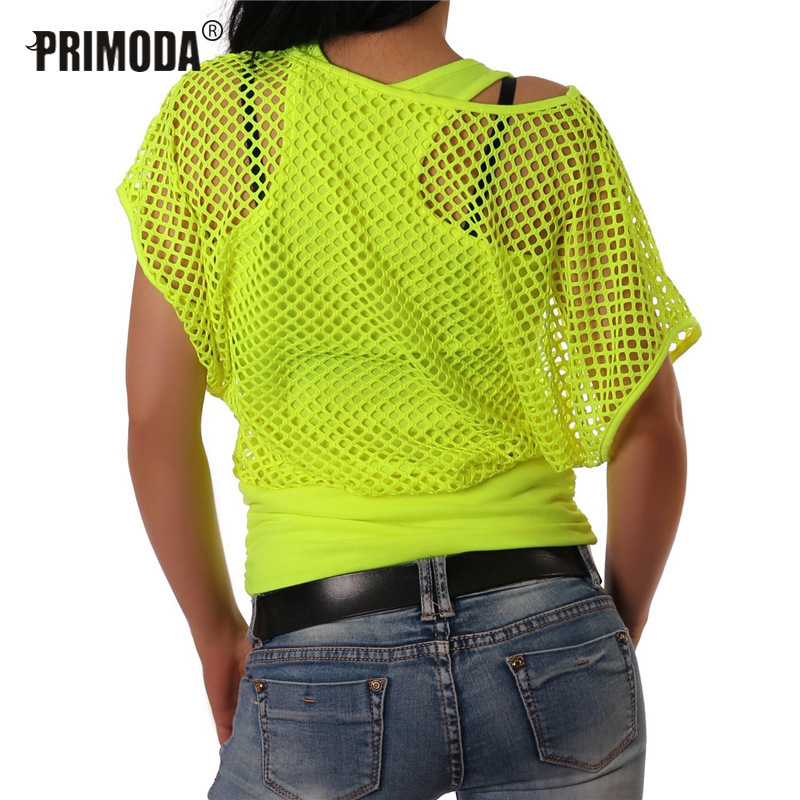 Short Sleeve Casual Neon Green Sexy Hollow Out Mesh Cover T Shirt and Tank Tops Women Fashion Grid Blusa PR1005G 220325