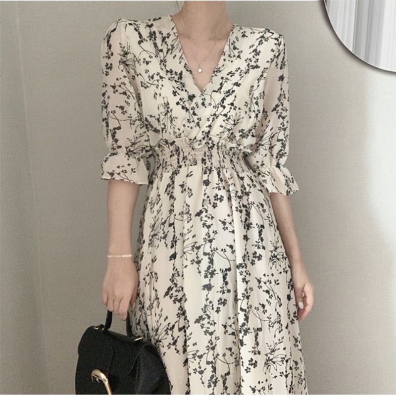 Vintage Korea Fashion Clothing Summer Slim Elastic Waist A Line V Neck Elegant Office Lady Floral Chic Chiffon Long Dress Retro 220510