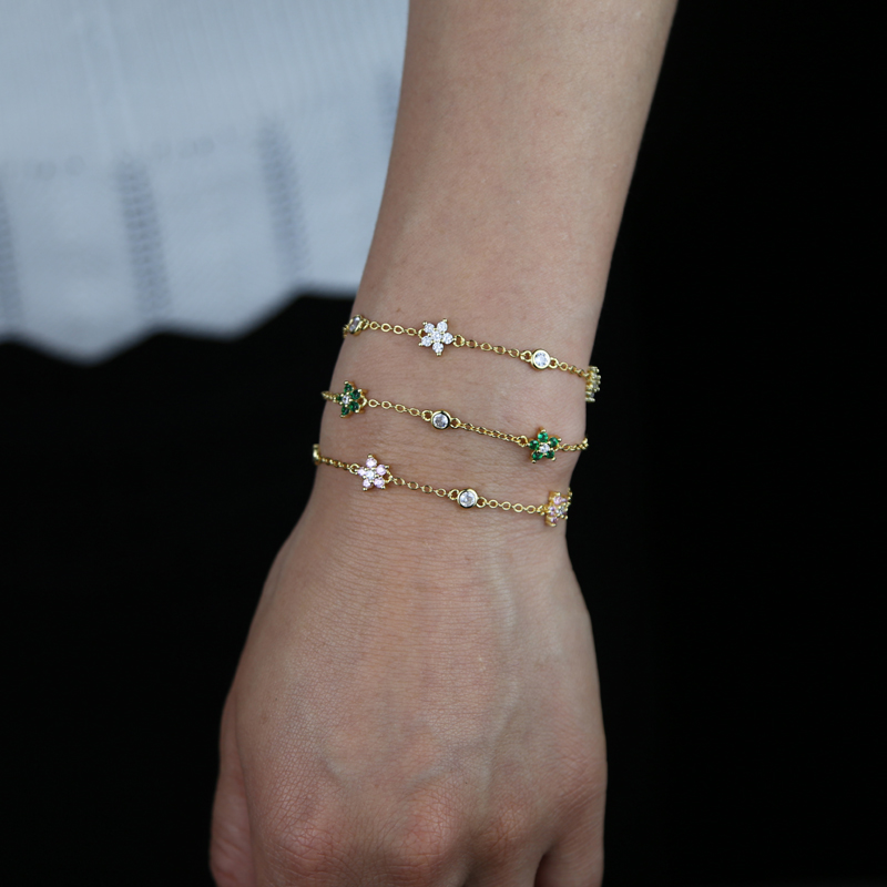 High Quality Cz Station Link Chain Flower Charm bracelet 15+4cm Extend Chain Cute Lovely Women Girl Fashion Bracelets wholesale