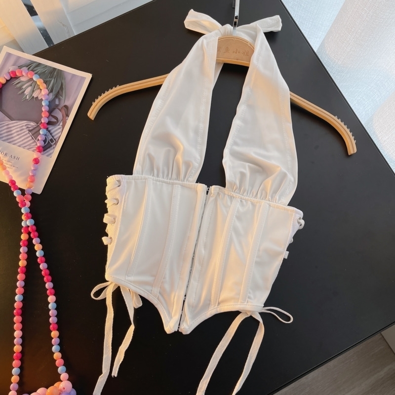 DEAT Women Strap Halter Backless Fish Bone Camis Arrivals Sexy Fashion Temperament Spring Summer 11D7470 220325