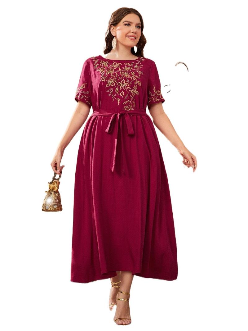 Plus Size Dresses Floral Embroidery Belted Dress 63Y5#Plus, Rose red