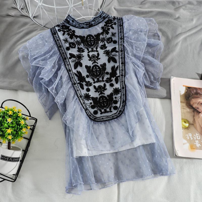 Women's Blouses & Shirts Summer Blue/Pink/White Lace Embroidered Shirt Women Vintage Stand Collar Flying Sleeve Ruffle Blouse Female Casual
Women's Blouses & Shirts Summer Blue/Pink/White Lace Embroidered Shirt Women Vintage Stand Collar Flying Sleeve Ruffle Blouse Female Casual