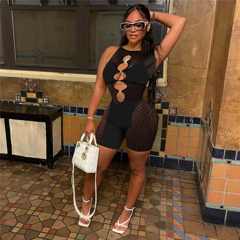 Sexy Mesh Hollow Out halter Jumpsuits Women Summer Ripped Nightclub One Piece Playsuits Clubwear Rompers