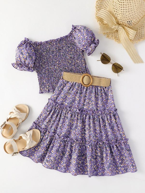 Toddler Girls Ditsy Floral Puff Sleeve Shirred Top & Ruffle Hem Belted Skirt SHE