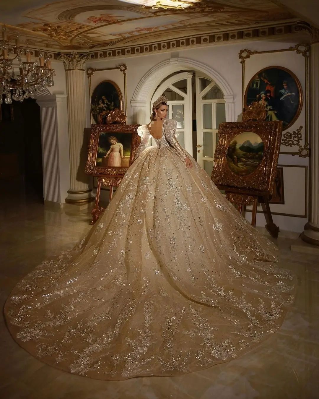 Princess Beading Ball Gown Wedding Dress Puffy Off Shoulder Long Sleeve Sequins Dubai Bridal Gowns Custom Beads Lace Bride Dresses