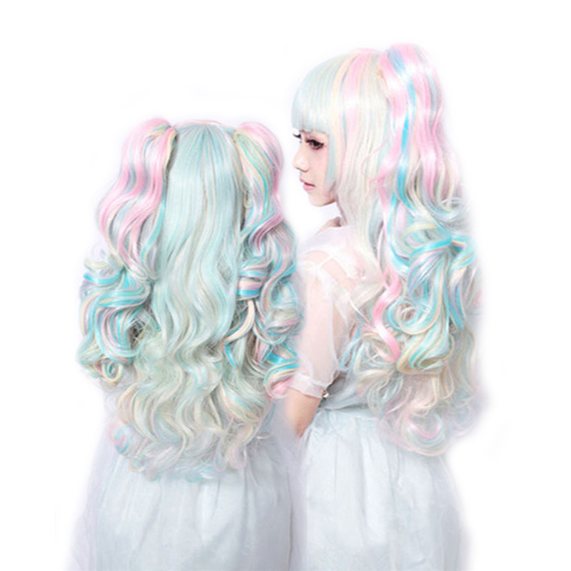 Double ponytail clip wig WoodFestival Long wavy synthetic wigs three sets Purple pink white black heat resistant fiber hair women