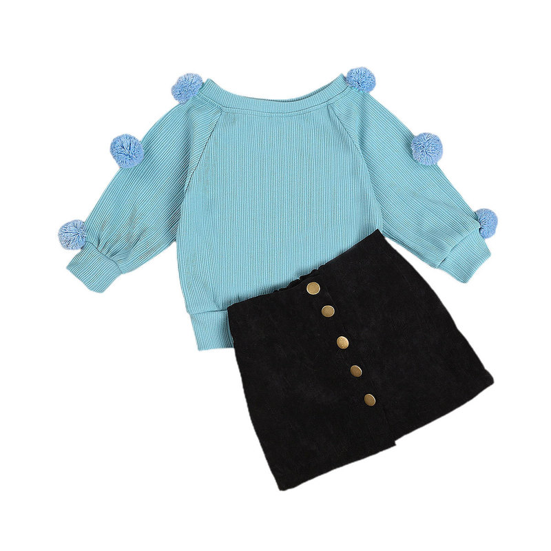 Autumn Winter Kids Baby Girl Long Sleeve Ball Knitting Sweater Tops A-line Button Skirt 2PCS Girls Clothing Set 220326