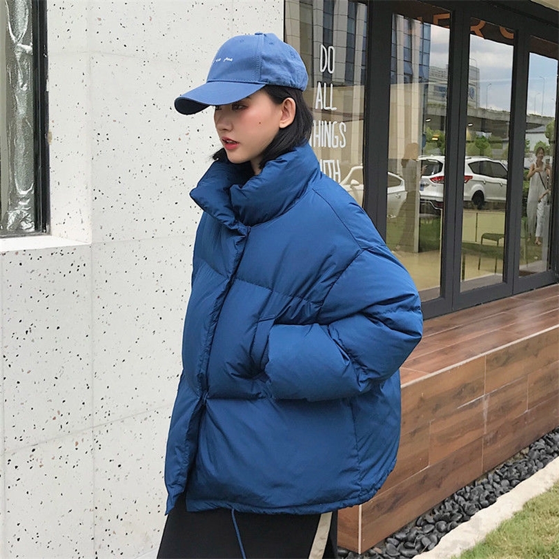 Korean Style Winter Puffer Jacket Women Stand Collar Solid Black White Female Coat Loose Oversized Womens Short Parka Coats 201019
