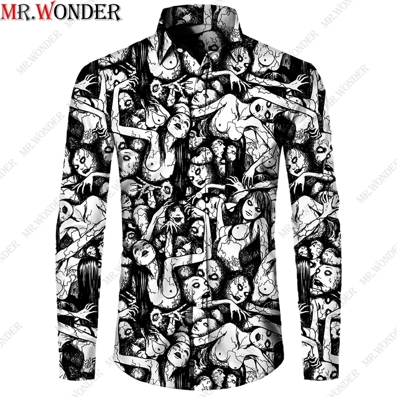Mr.Wonder Novelty 3D Men's Horror Anime Manga Shirt Cool s Casual Button Down Beach Long Sleeve Hawaiian Tops 220322