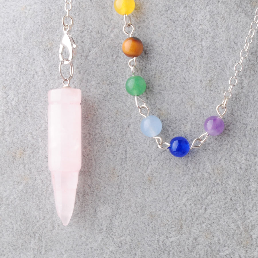 WOJIAER Natural Agate Crystal Quartz Pendant Bead Stone Silvery Metal Ball Chain Dowsing Healing Chakra Pendulum BN359
