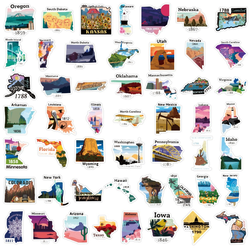 52pcs Colorful Beautiful USA States Map of the America Stickers National Park Stickers Graffiti Kids Toy Skateboard car Motorcycle Bicycle Sticker Dec