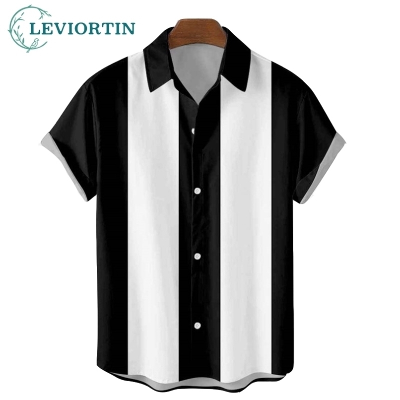 Striped Shirts for Men Button Up Short Sleeve Blouse Men's 50s Shirt Vertical Plus Size S-6XL Mens Bowling Dress 220322