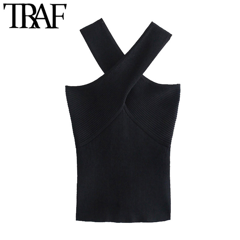 TRAF Women Sexy Fashion Cross Wide Straps Cropped Black Knit Tank Tops Vintage Backless Fitted Female Camis Mujer 220325