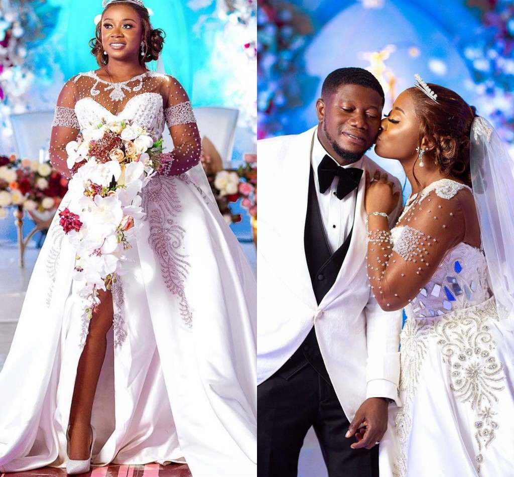 Puffy Princess Wedding Dresses With overskirt Plus Size Arabic Aso Ebi Luxurious Beaded Crystals illusion long sleeve Lace Bridal Gowns Dress