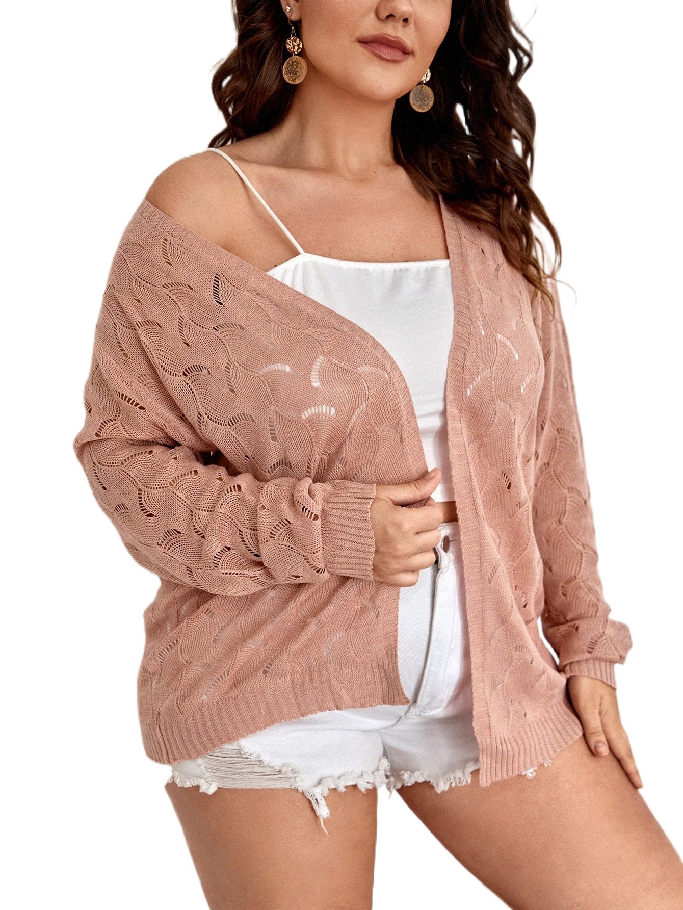

plus Pointelle Knit Duster Cardigan 51fg#, Dusty pink