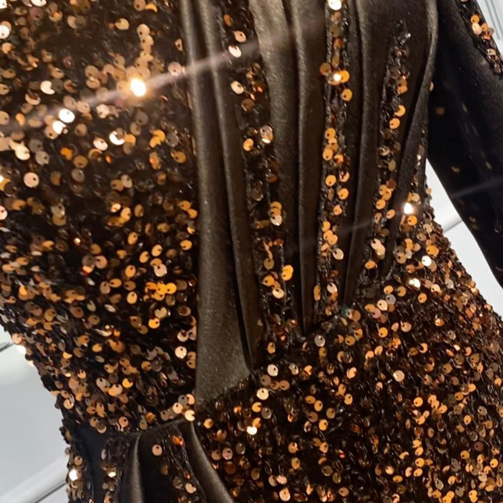 Black A-line Mermaid Prom Dresses One Shoulder Satin Lace Long Sleeve Sexy High Neck Elegant Sequins Sweep Train Evening Formal Dresses Girls Gowns