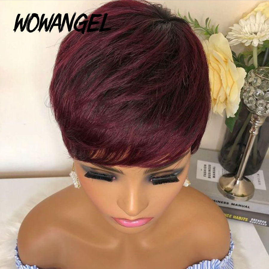 Short Pixie Cut Wigs For Black Women Straight Brazilian Human Hair No Lace Front Wig With Bangs Full Machine Made
