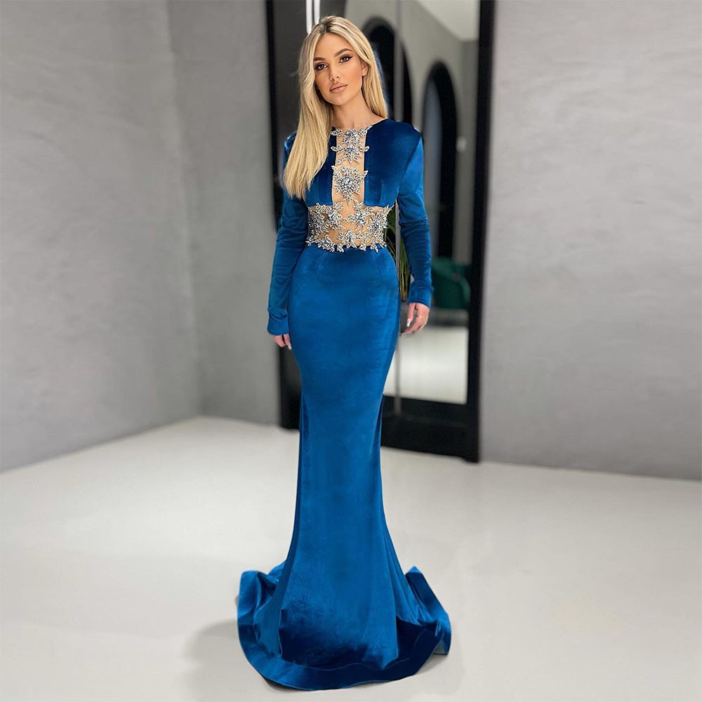 Royal Blue Velvet Mermaid Prom Dresses High Neck Applqiues Long Sleeve High Waist Sexy Transparent Elegant Evening Formal Dresses Girls Gowns