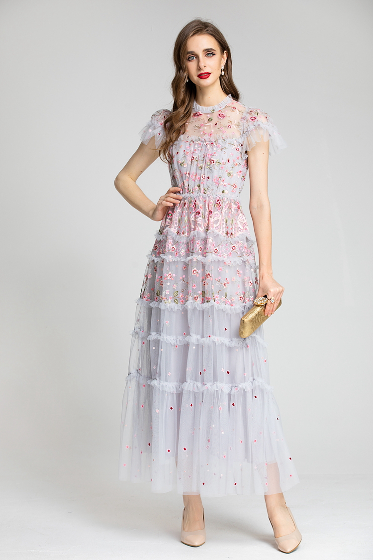 Women's Runway Dresses O Neck Short Sleeves Embroidery Ruffles Layered Printed Elegant Party Evening Prom Gown