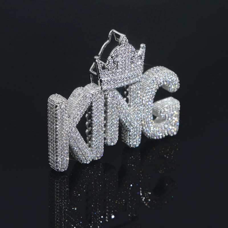 Men's Iced Out Bg Hip Hop Crown Shape King Letters Pendant Necklace with Rope Chain