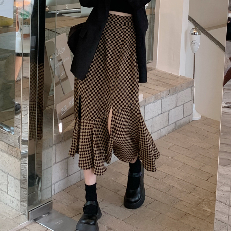 Slim Vintage High Waist Plaid Mermaid Skirt Women Split Autumn Mid Faldas Mujer Fashion OL Temperament Trumpet Sexy Street 220322